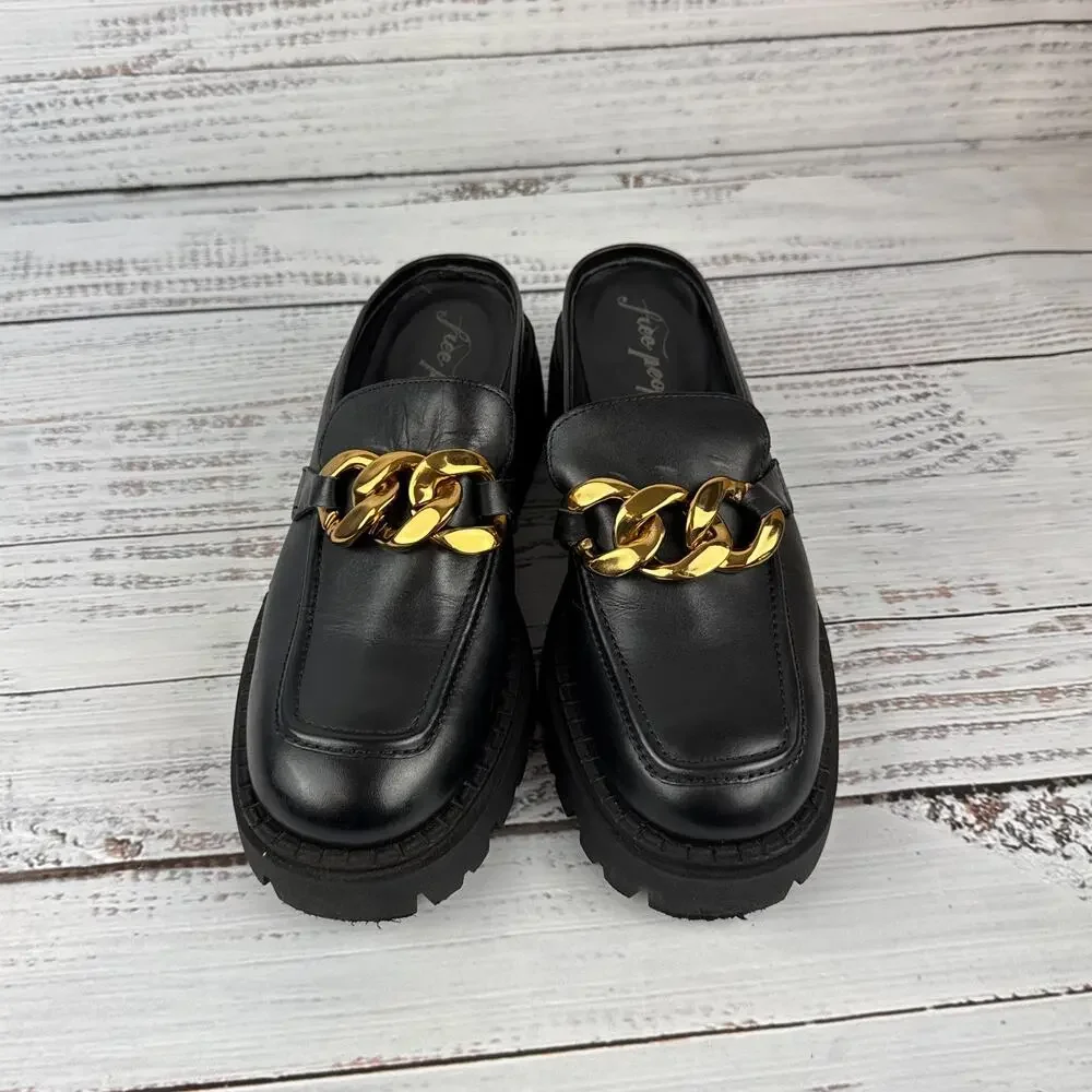Free People Lyra Link Womens US 8.5 Mule Loafer Shoes Black Gold